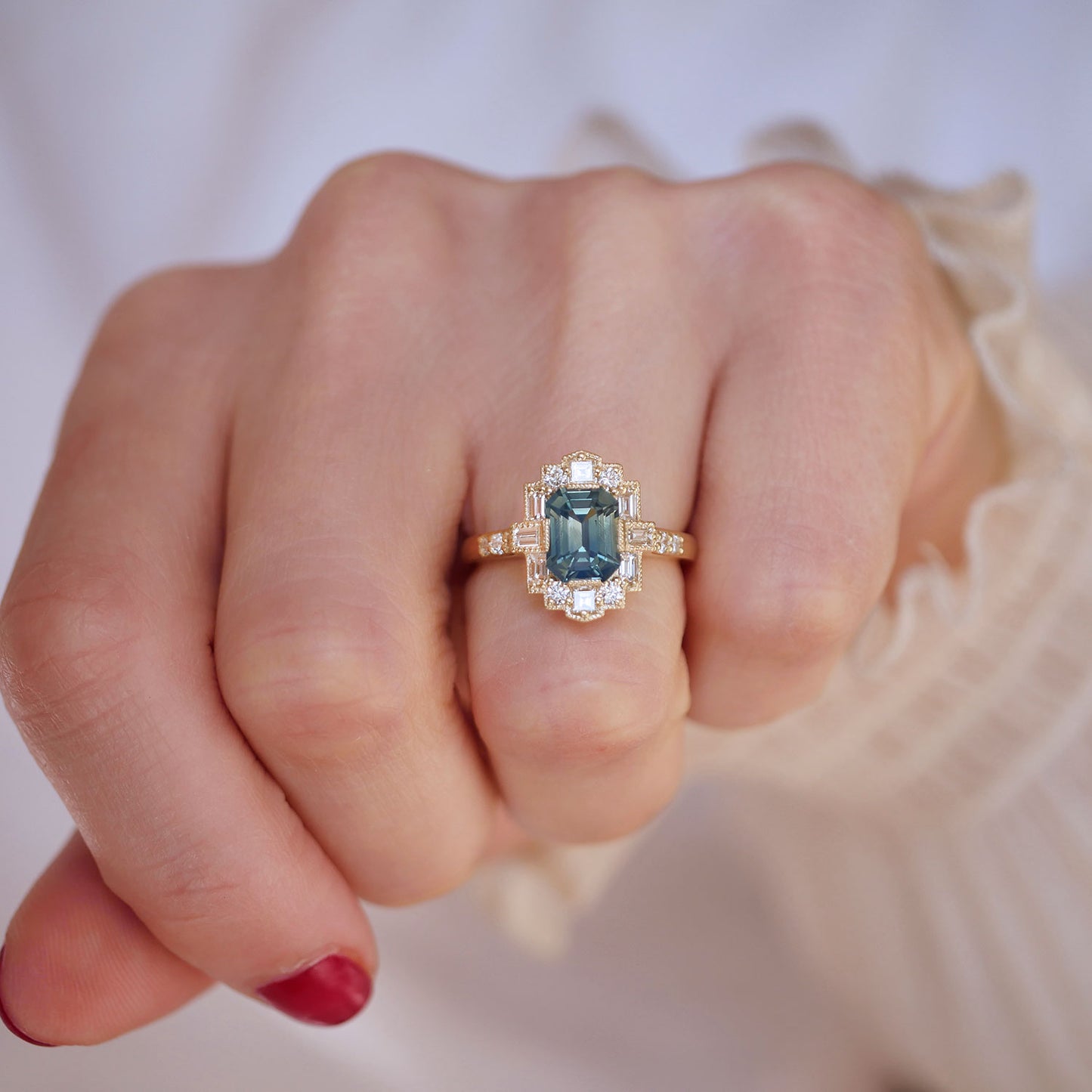 Opalescent Teal Sapphire Deco Emerald Cut Diamond Mosaic Ring