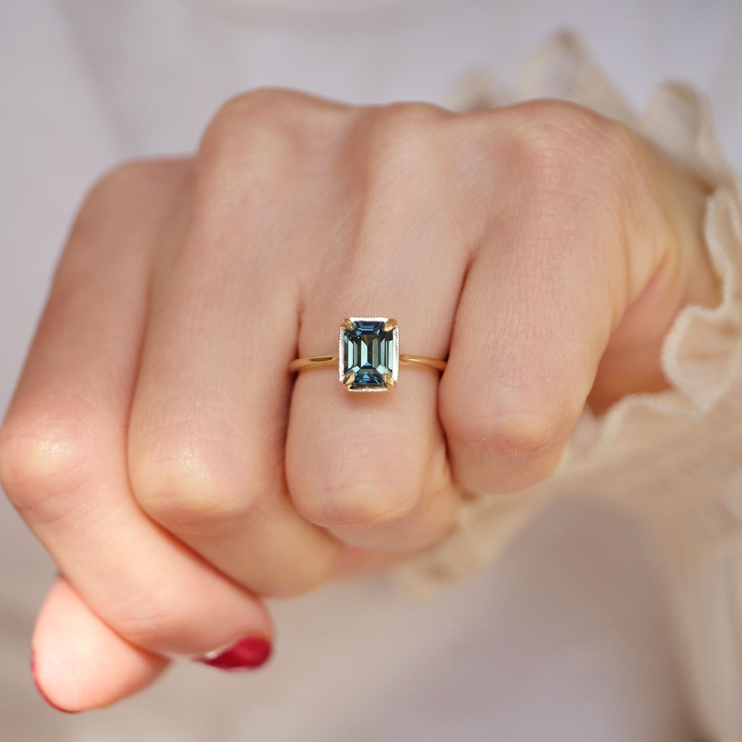 Emerald Cut Teal Sapphire Solitaire