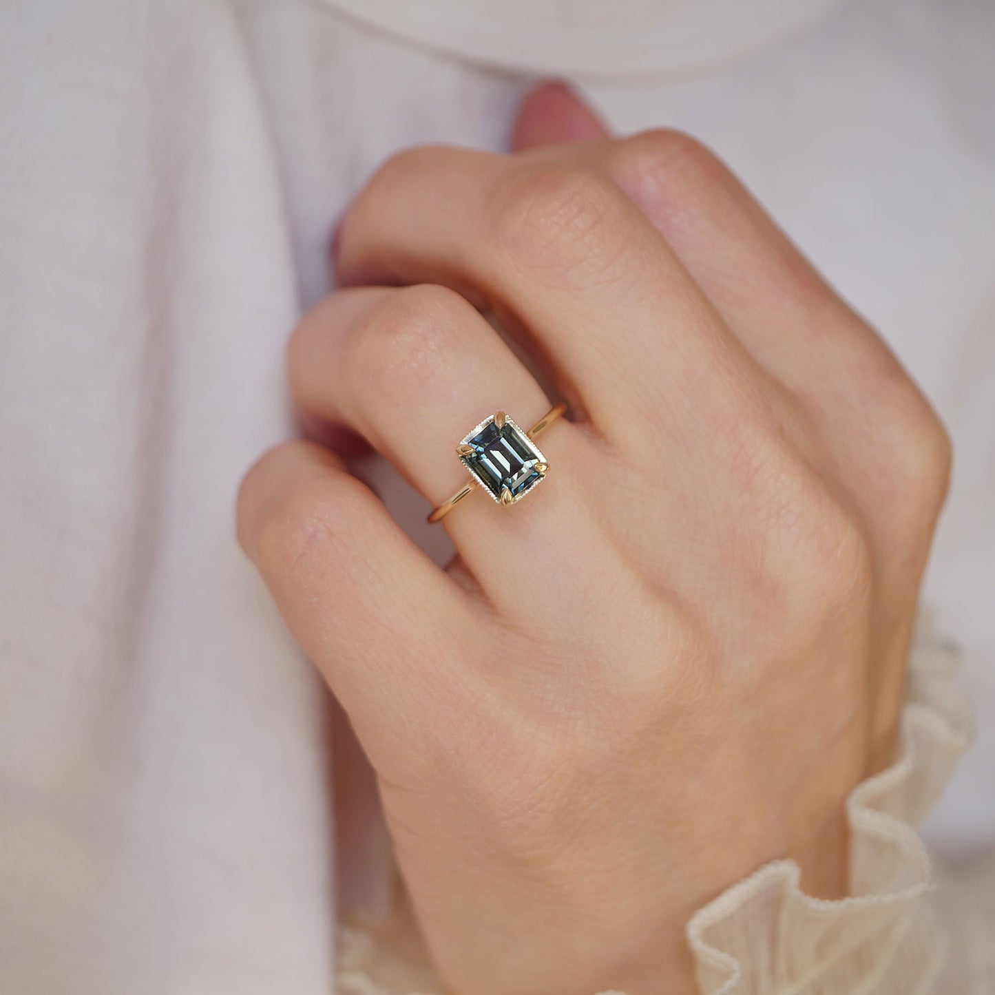 Emerald Cut Teal Sapphire Solitaire