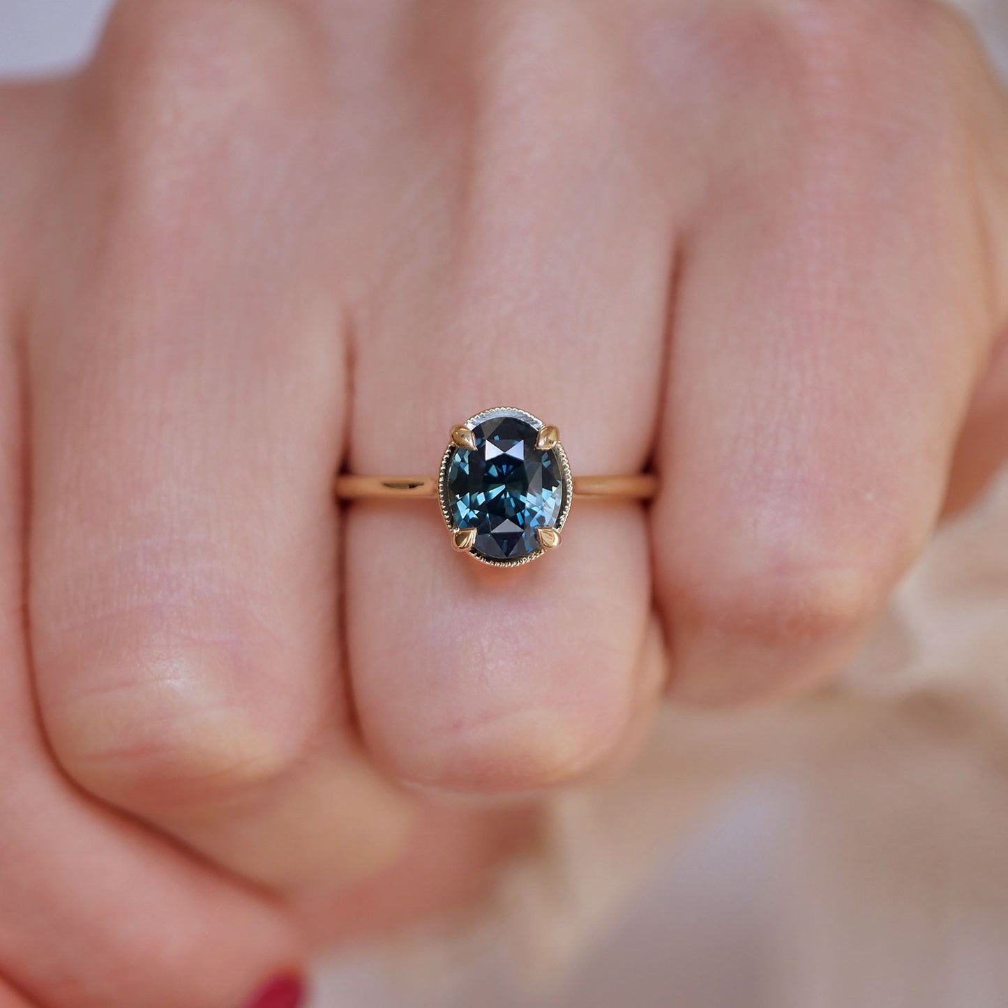 Oval Teal Sapphire Solitaire Ring