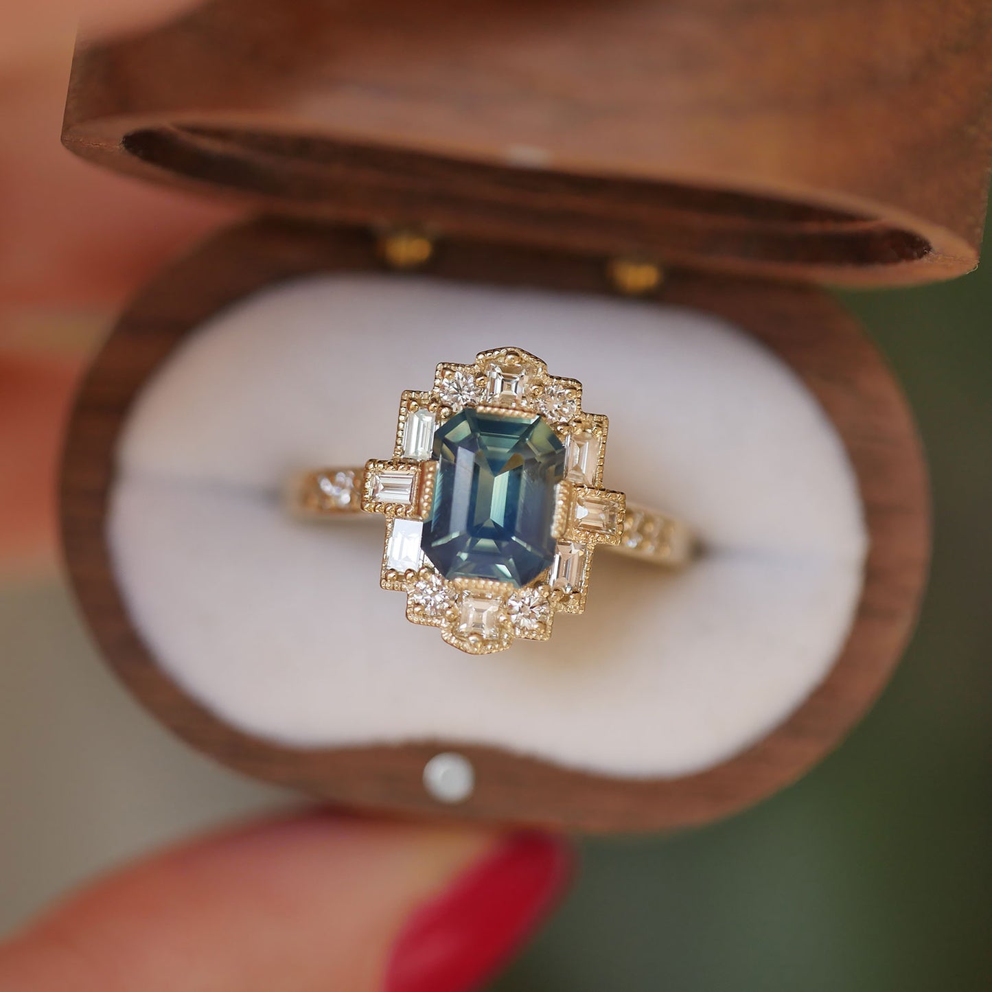 Opalescent Teal Sapphire Deco Emerald Cut Diamond Mosaic Ring