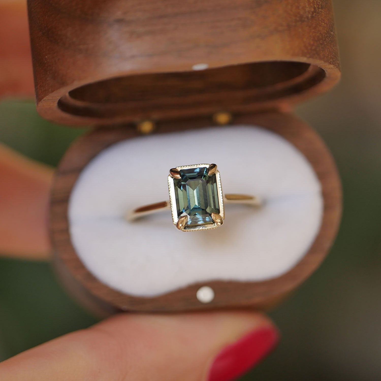 Emerald Cut Teal Sapphire Solitaire