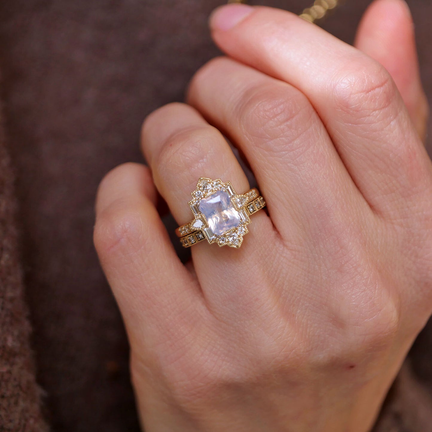 Opalescent Lavender Sapphire Deco Emerald & Pear Diamond Mosaic Ring