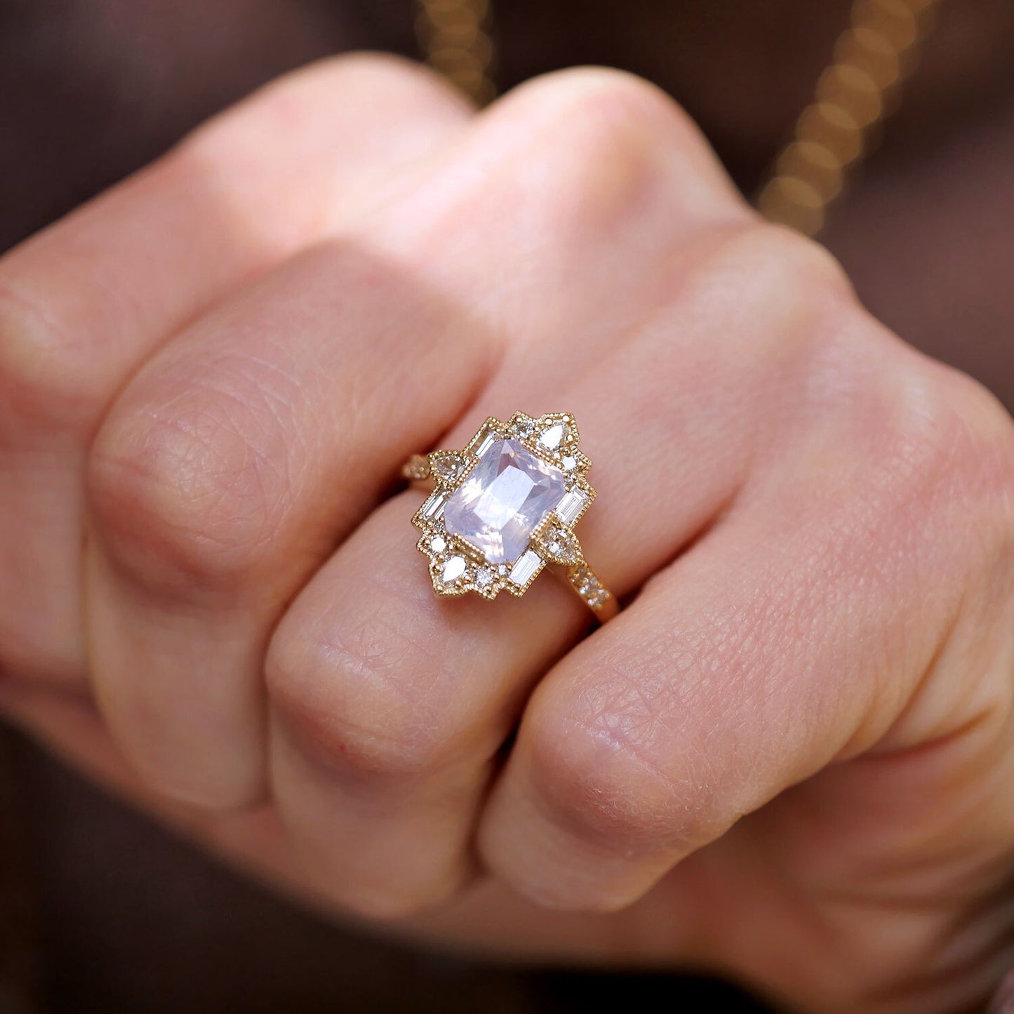 Opalescent Lavender Sapphire Deco Emerald & Pear Diamond Mosaic Ring