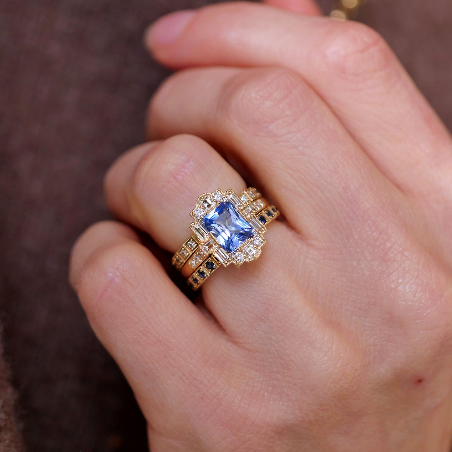 Cornflower Blue Radiant Cut Sapphire Deco Emerald Cut Diamond Mosaic Ring