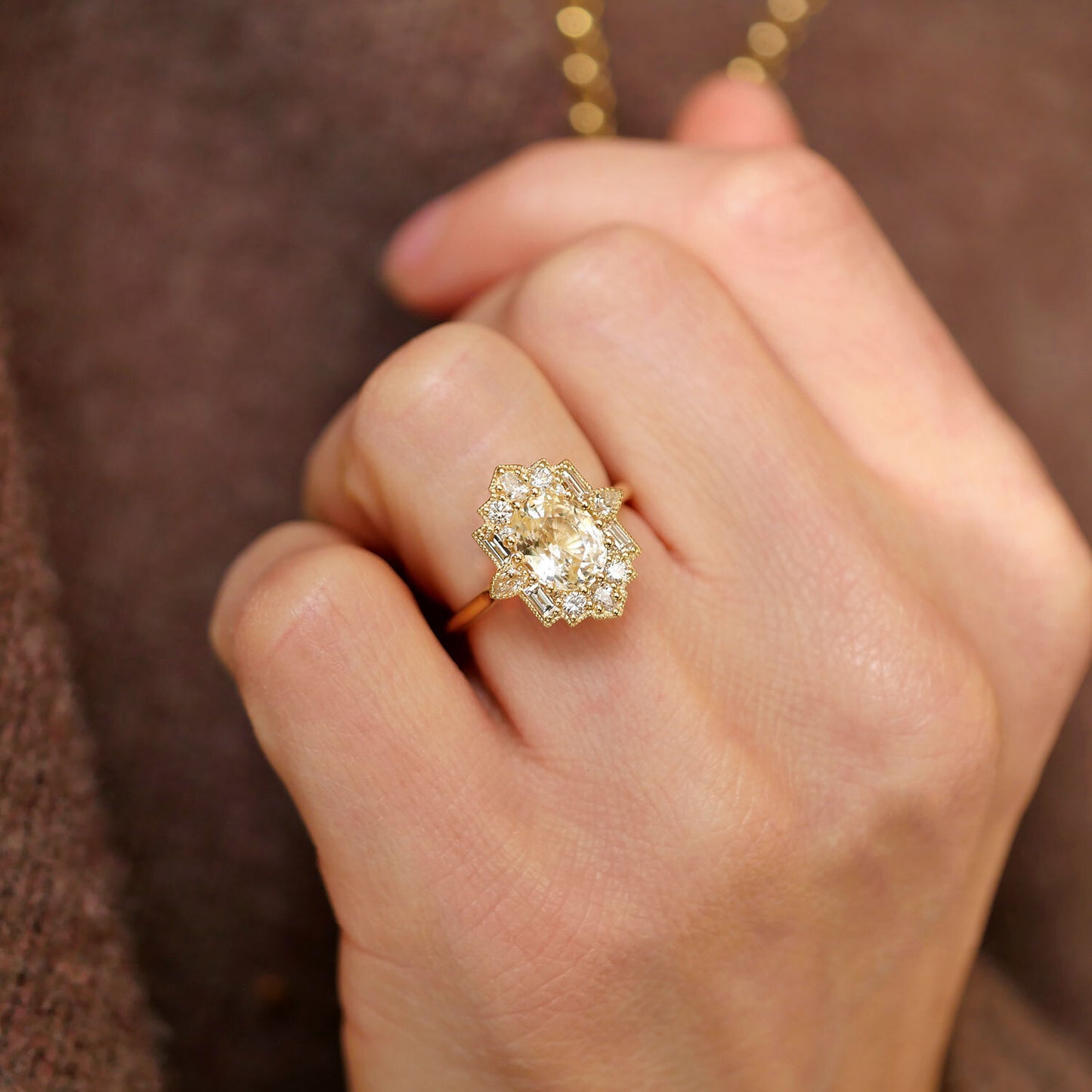 Oval Yellow Sappire Deco Emerald & Pear Diamond Mosaic Ring