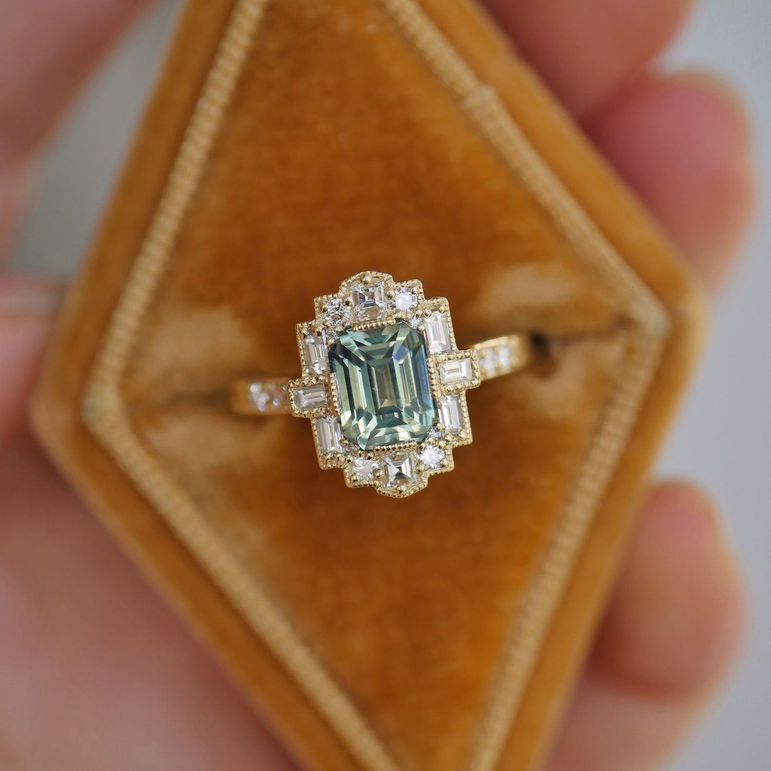 Green Sapphire Deco Halo Diamond Mosaic Ring