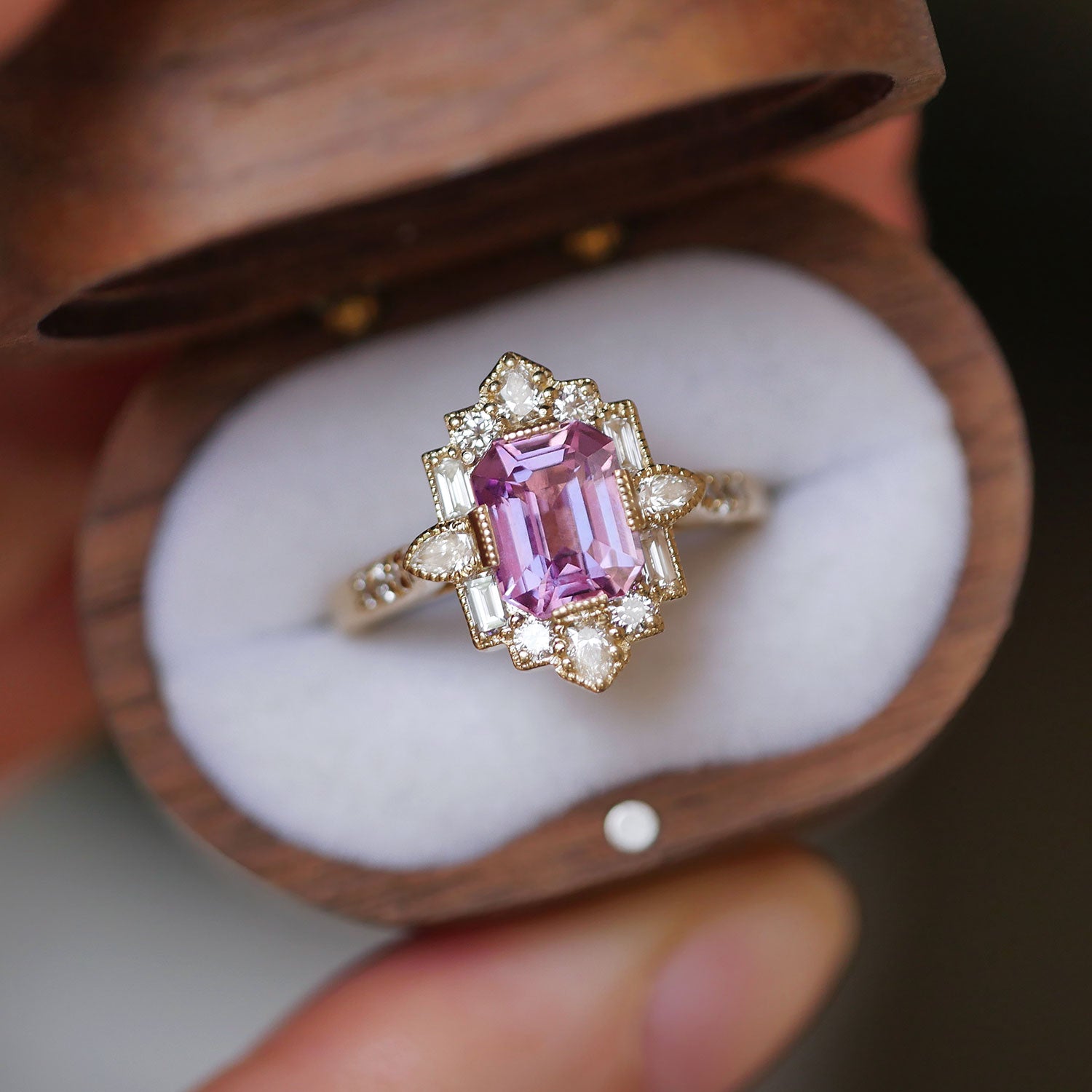 Pink Purple Sapphire Deco Emerald & Pear Diamond Mosaic Ring