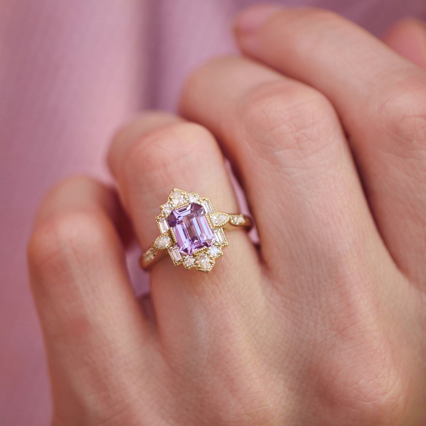 Pink Purple Sapphire Deco Emerald & Pear Diamond Mosaic Ring