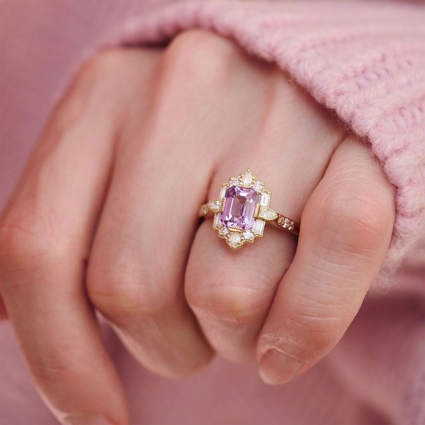 Pink Purple Sapphire Deco Emerald & Pear Diamond Mosaic Ring