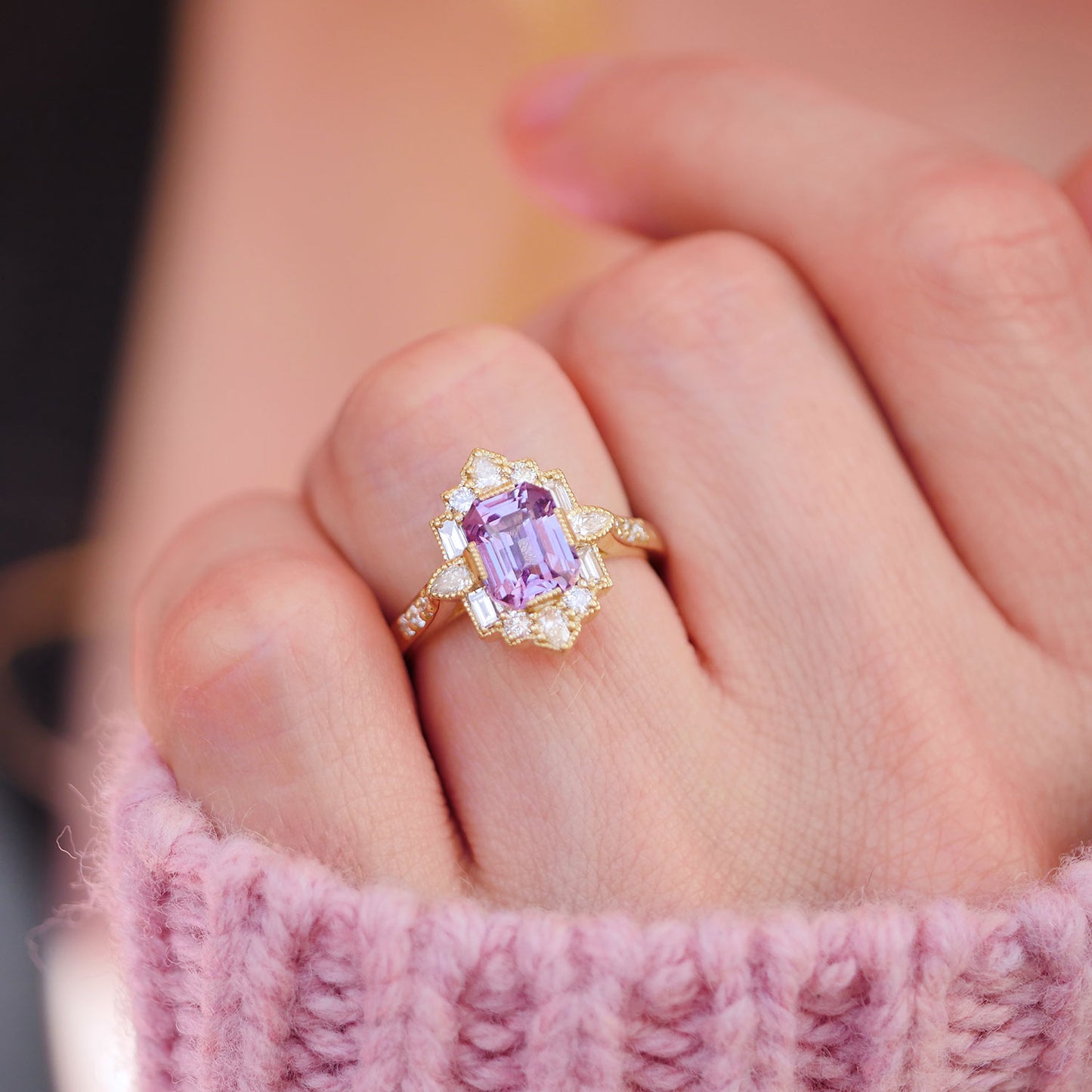 Pink Purple Sapphire Deco Emerald & Pear Diamond Mosaic Ring