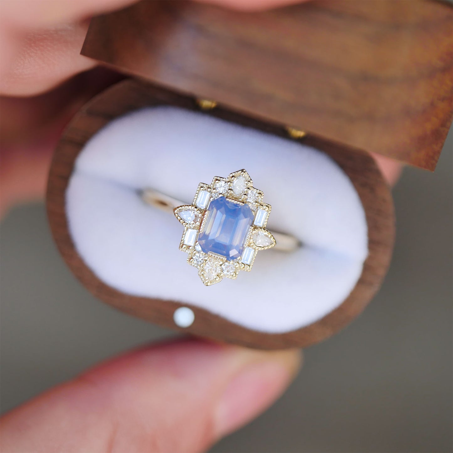 Opalescent Light Blue Sapphire Deco Emerald & Pear Diamond Mosaic Ring