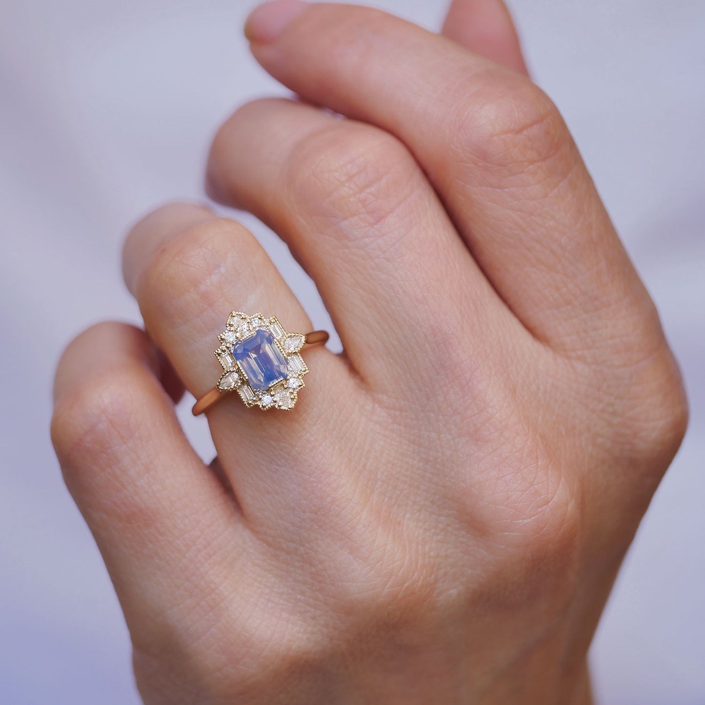 Opalescent Light Blue Sapphire Deco Emerald & Pear Diamond Mosaic Ring