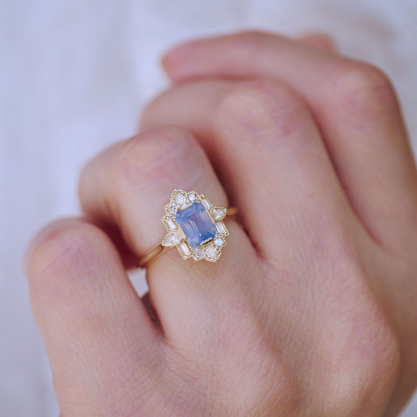 Opalescent Light Blue Sapphire Deco Emerald & Pear Diamond Mosaic Ring