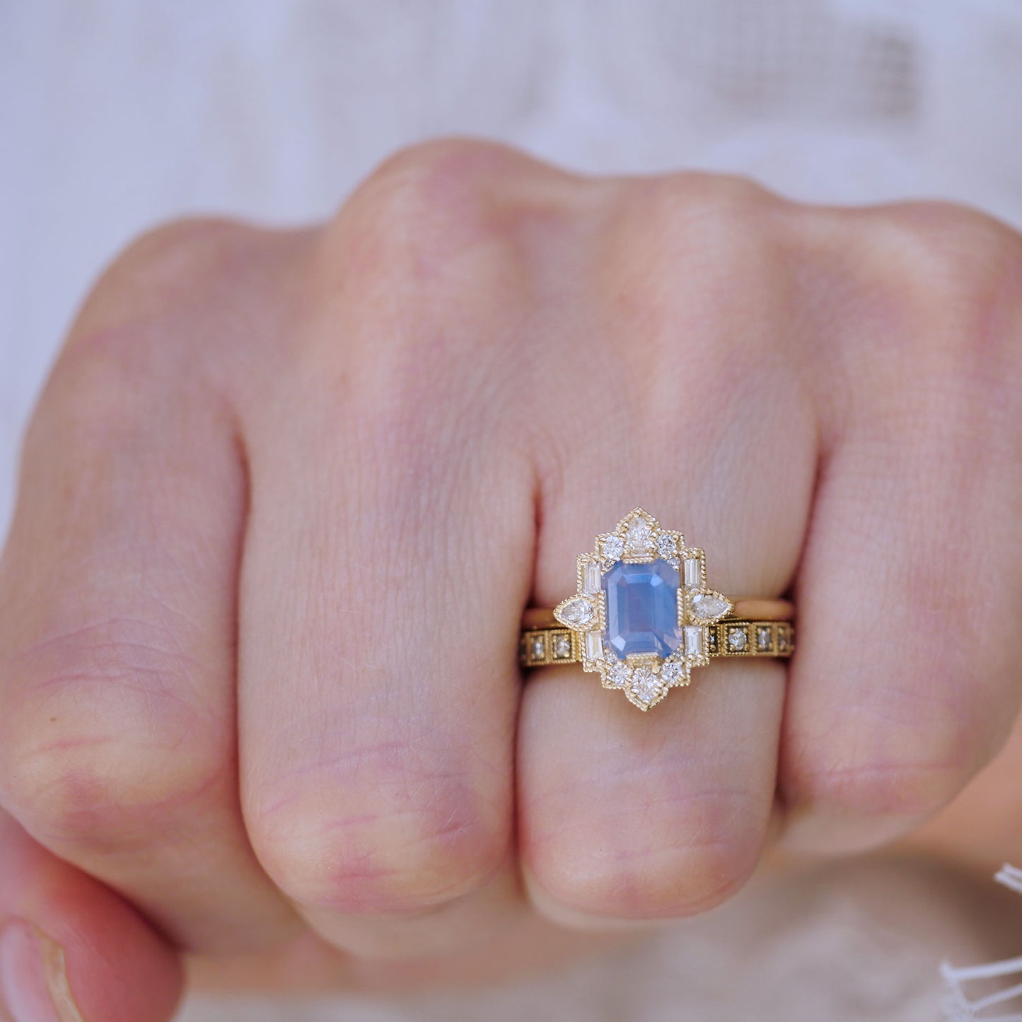 Opalescent Light Blue Sapphire Deco Emerald & Pear Diamond Mosaic Ring