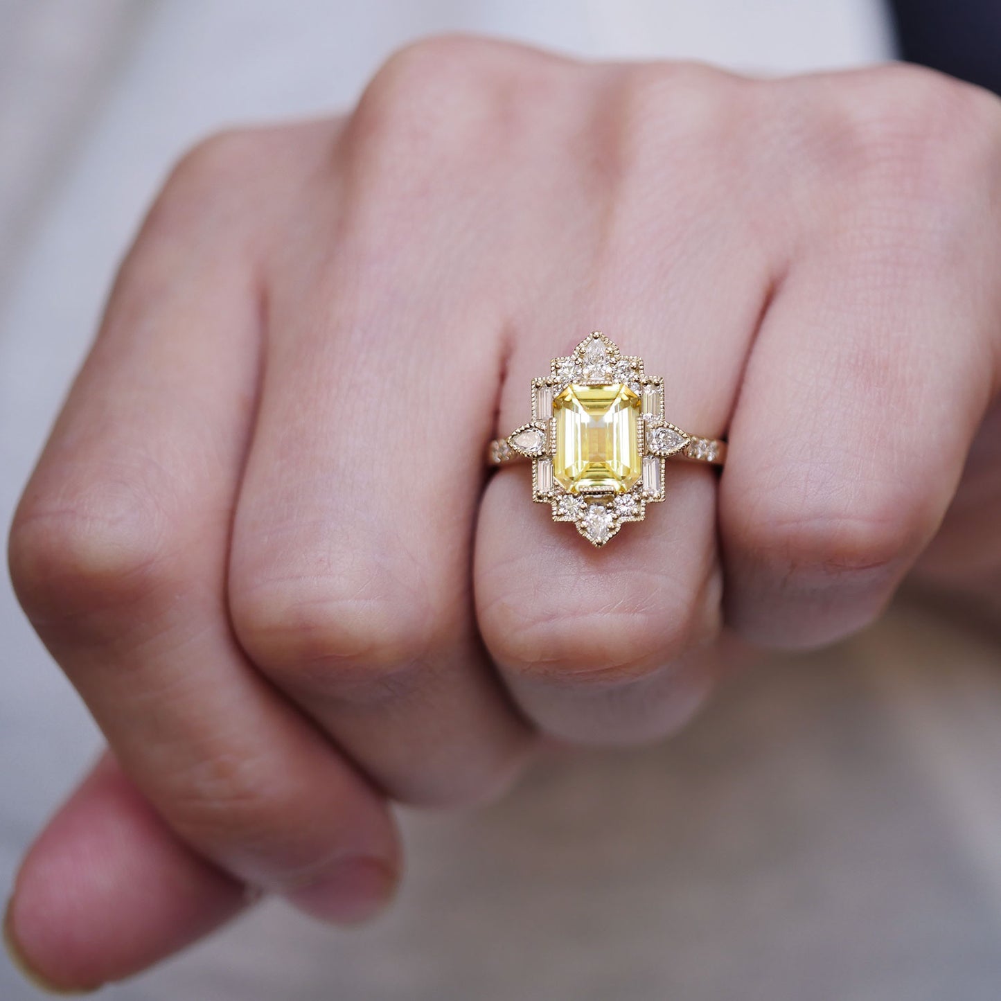 Yellow Sapphire Deco Emerald & Pear Diamond Mosaic Ring