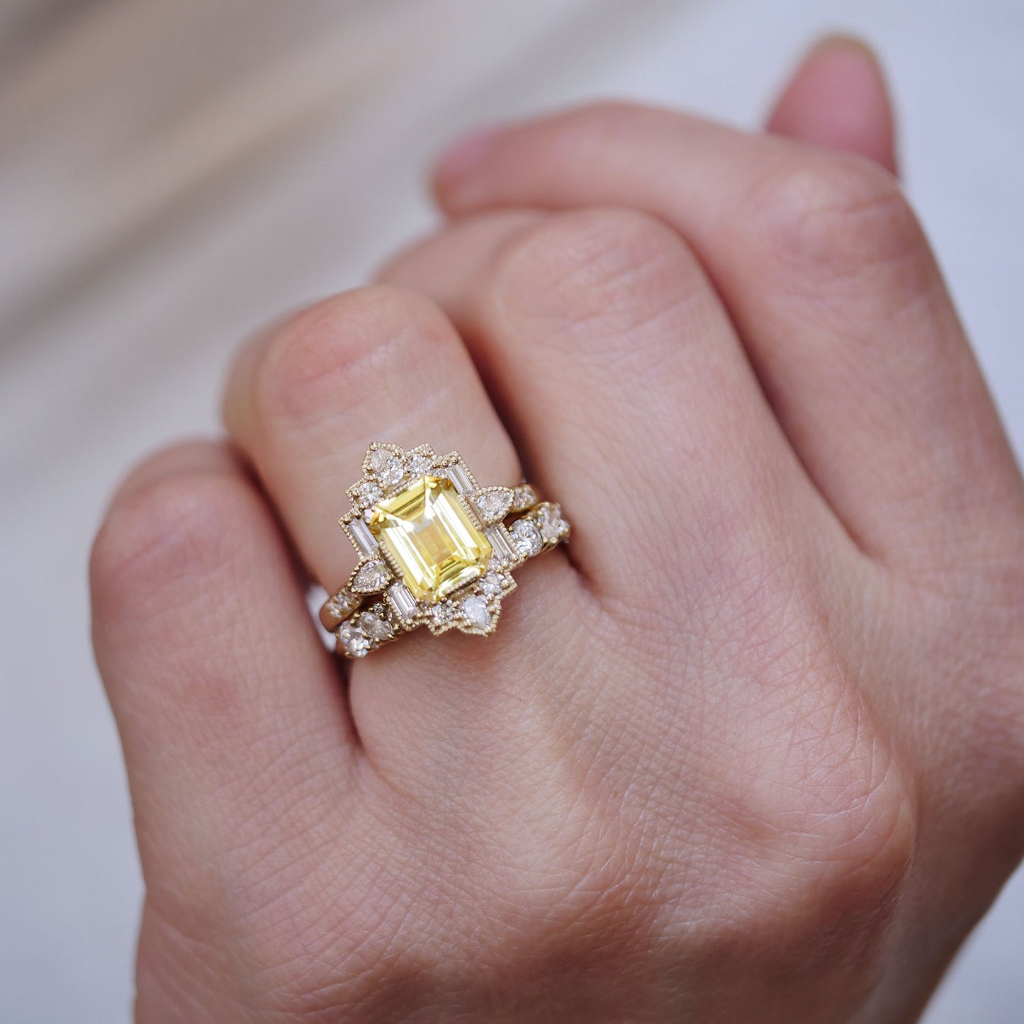 Yellow Sapphire Deco Emerald & Pear Diamond Mosaic Ring