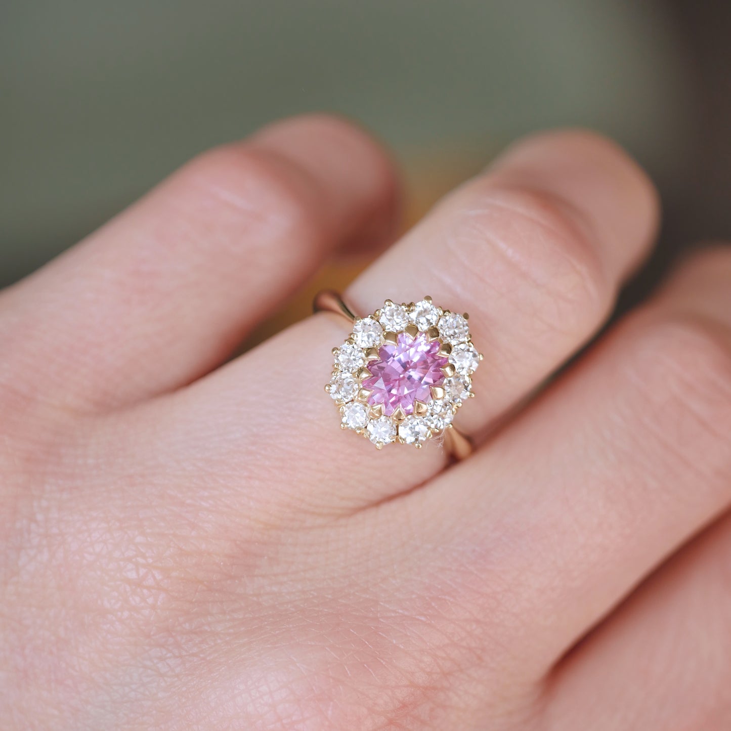 Pink Sapphire & Old Euro Diamond Cluster Ring