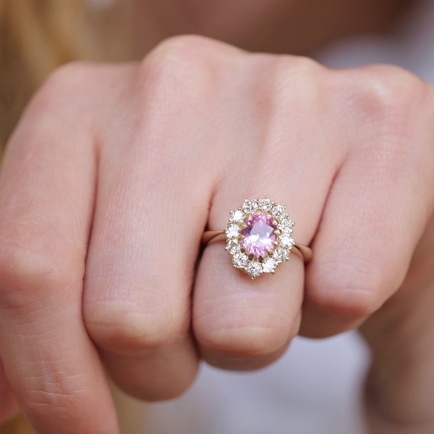Pink Sapphire & Old Euro Diamond Cluster Ring