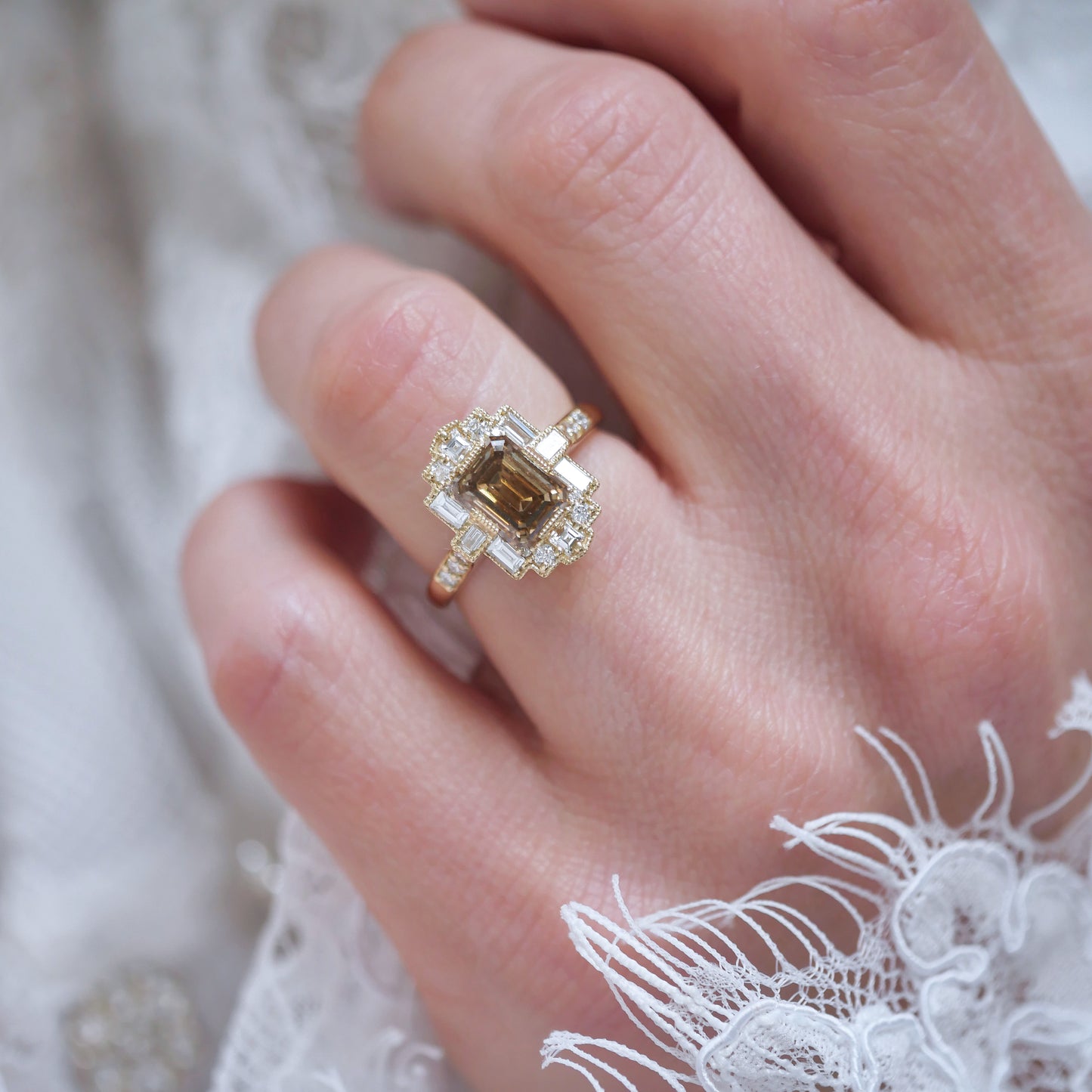 Deco Emerald Cut Champagne Diamond Mosaic Ring
