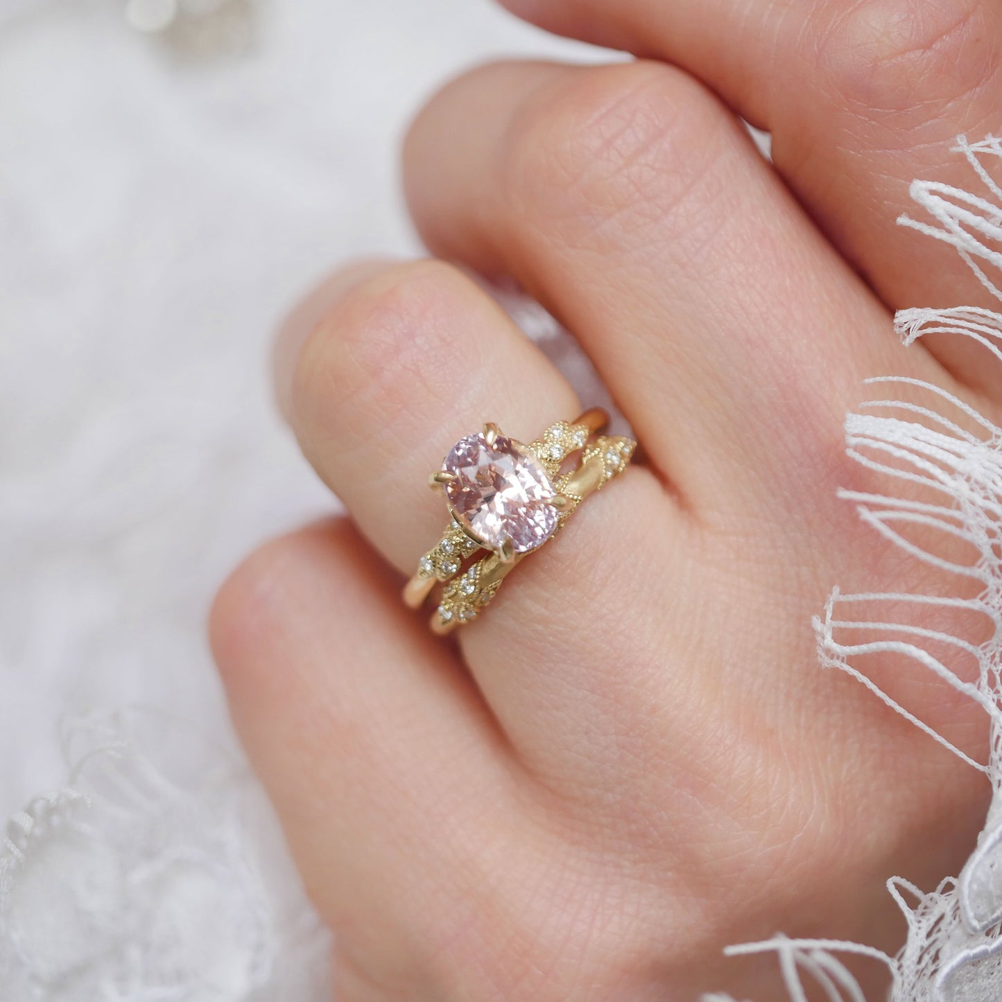 Peach/Pink Sapphire Wild Vine Diamond Ring