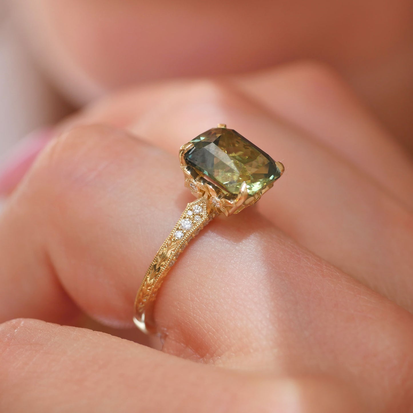 4.13 ctw Plumeria Green Radiant Cut Diamond Ring