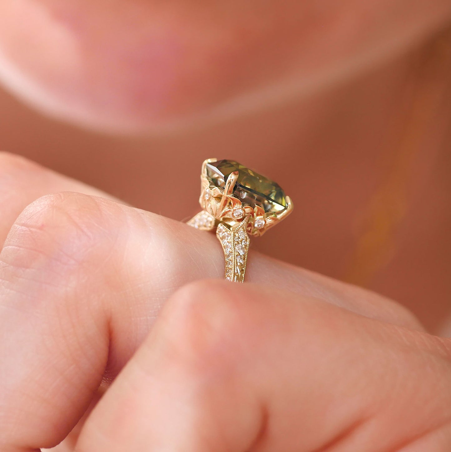 4.13 ctw Plumeria Green Radiant Cut Diamond Ring