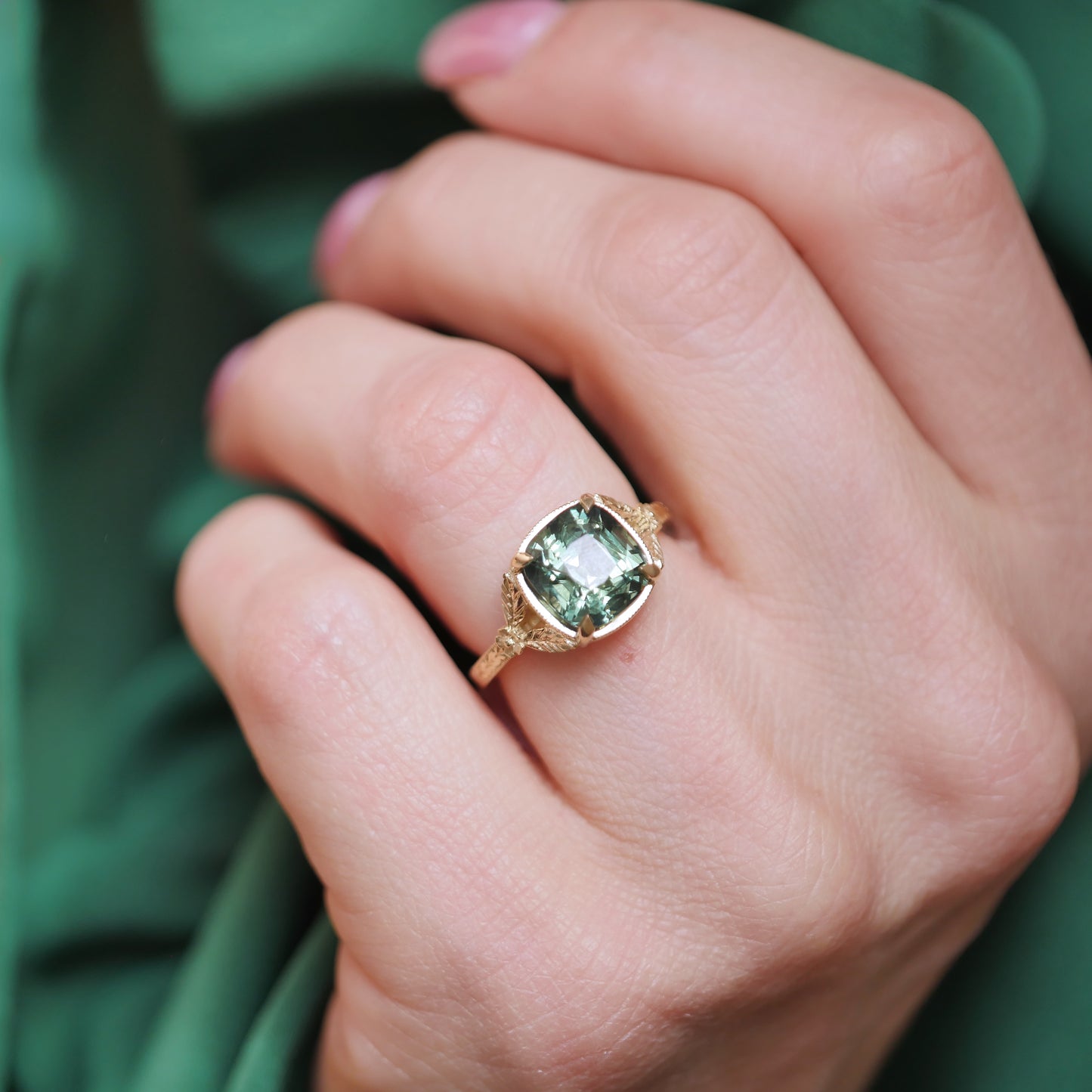 Forest Green Sapphire Split Shank Solitaire w/ leaves