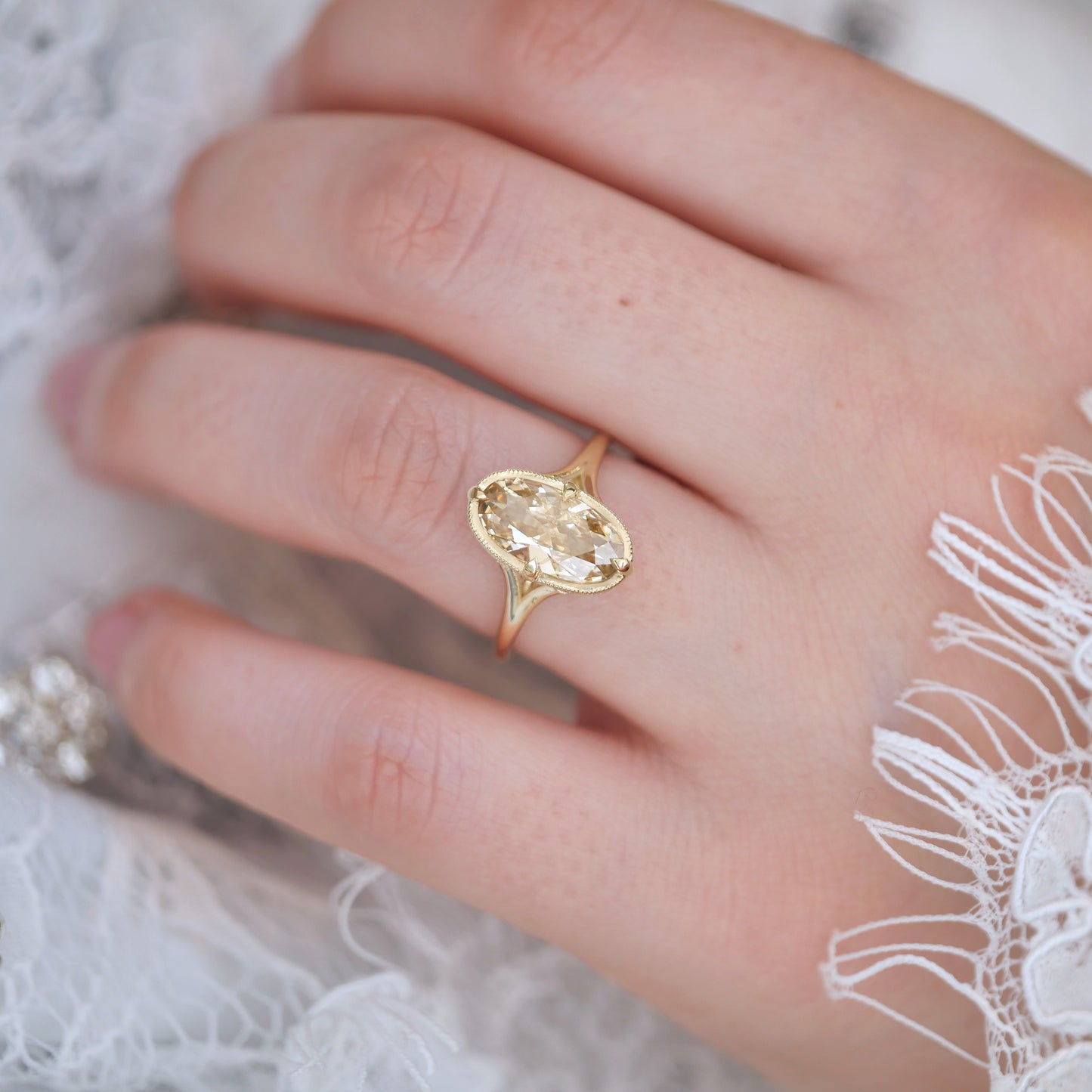 Split Shank Champagne Antique Moval Diamond Solitaire