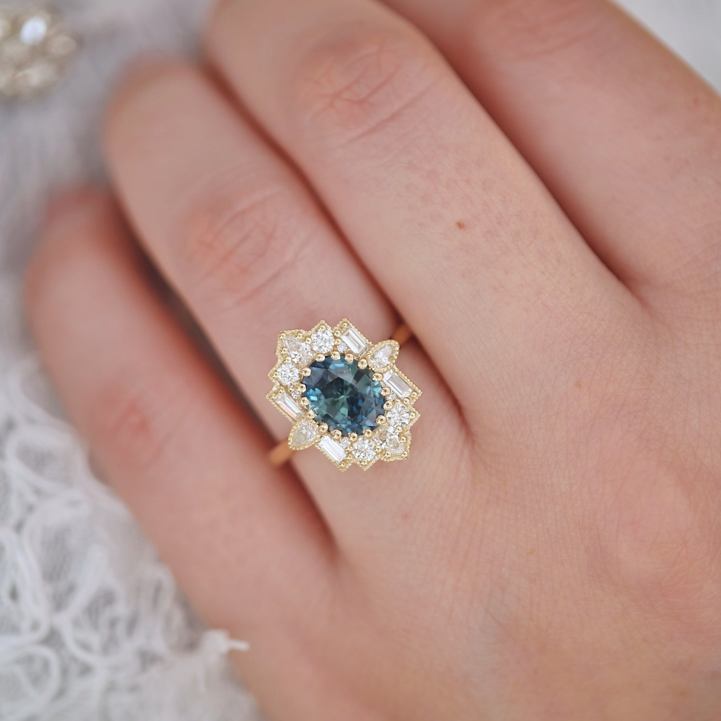 Teal Sapphire Oval Deco Emerald & Pear Diamond Mosaic Ring