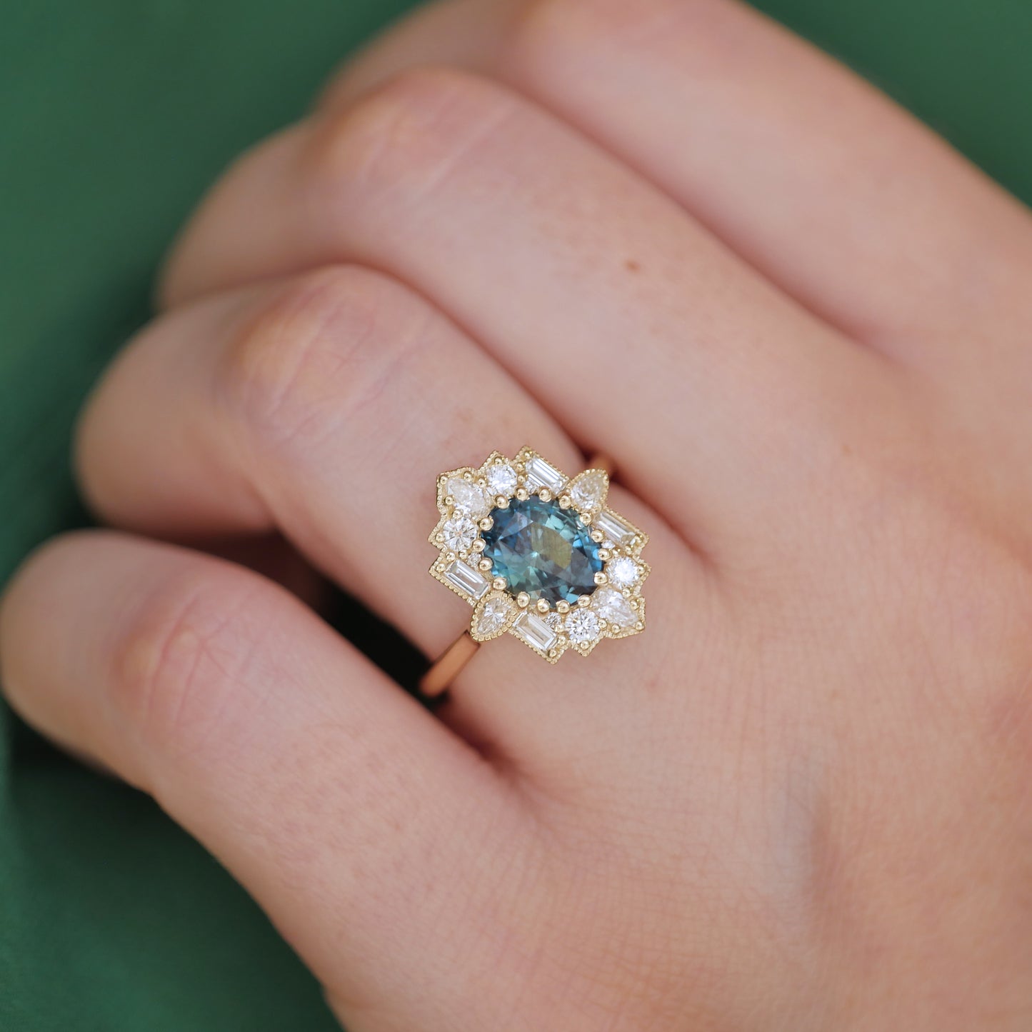 Teal Sapphire Oval Deco Emerald & Pear Diamond Mosaic Ring