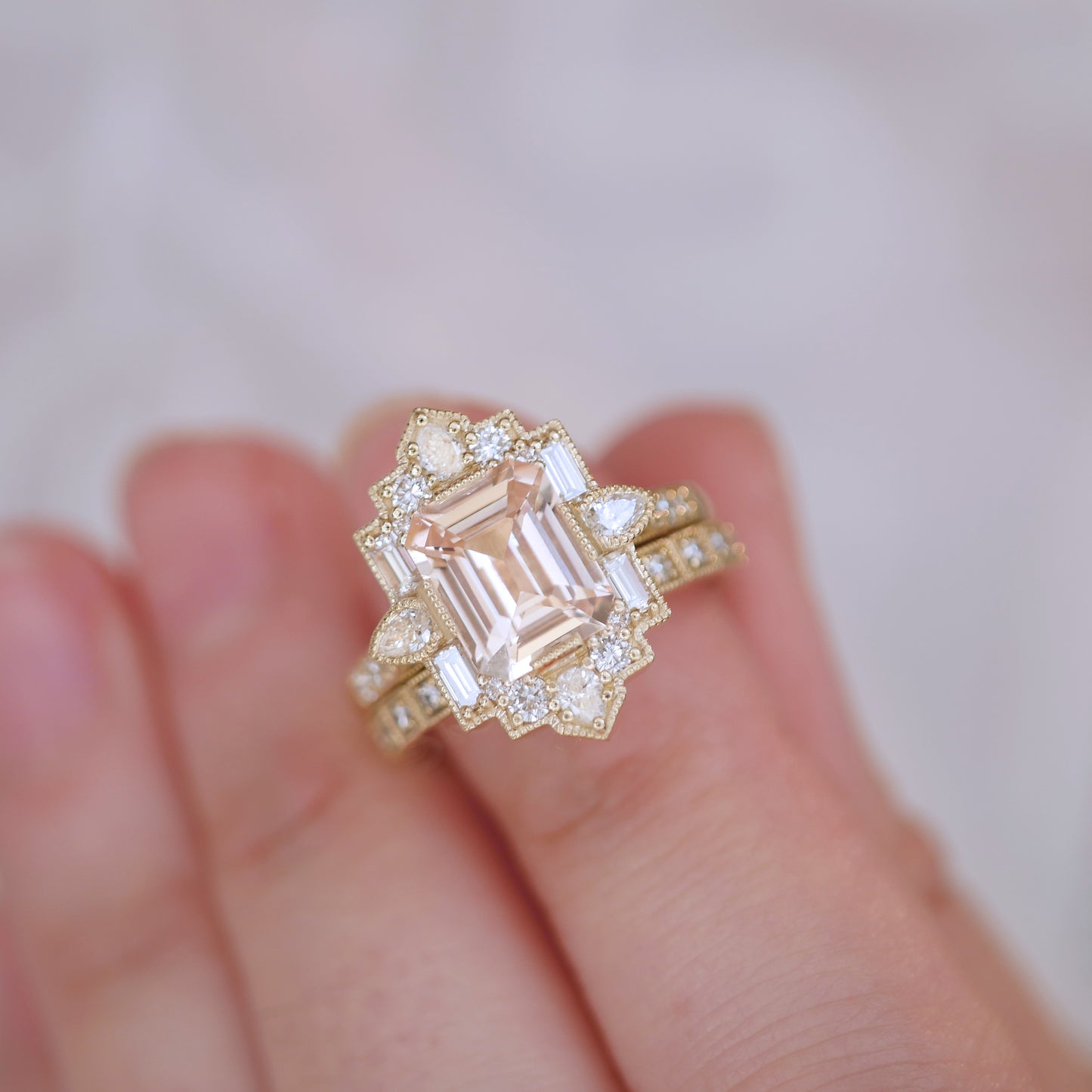 Peach Sapphire Deco Emerald & Pear Diamond Mosaic Ring