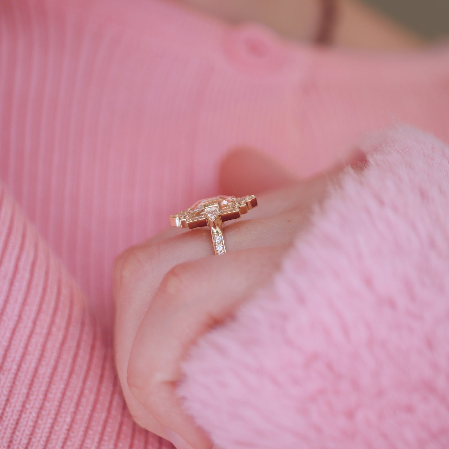 Peach Sapphire Deco Emerald & Pear Diamond Mosaic Ring