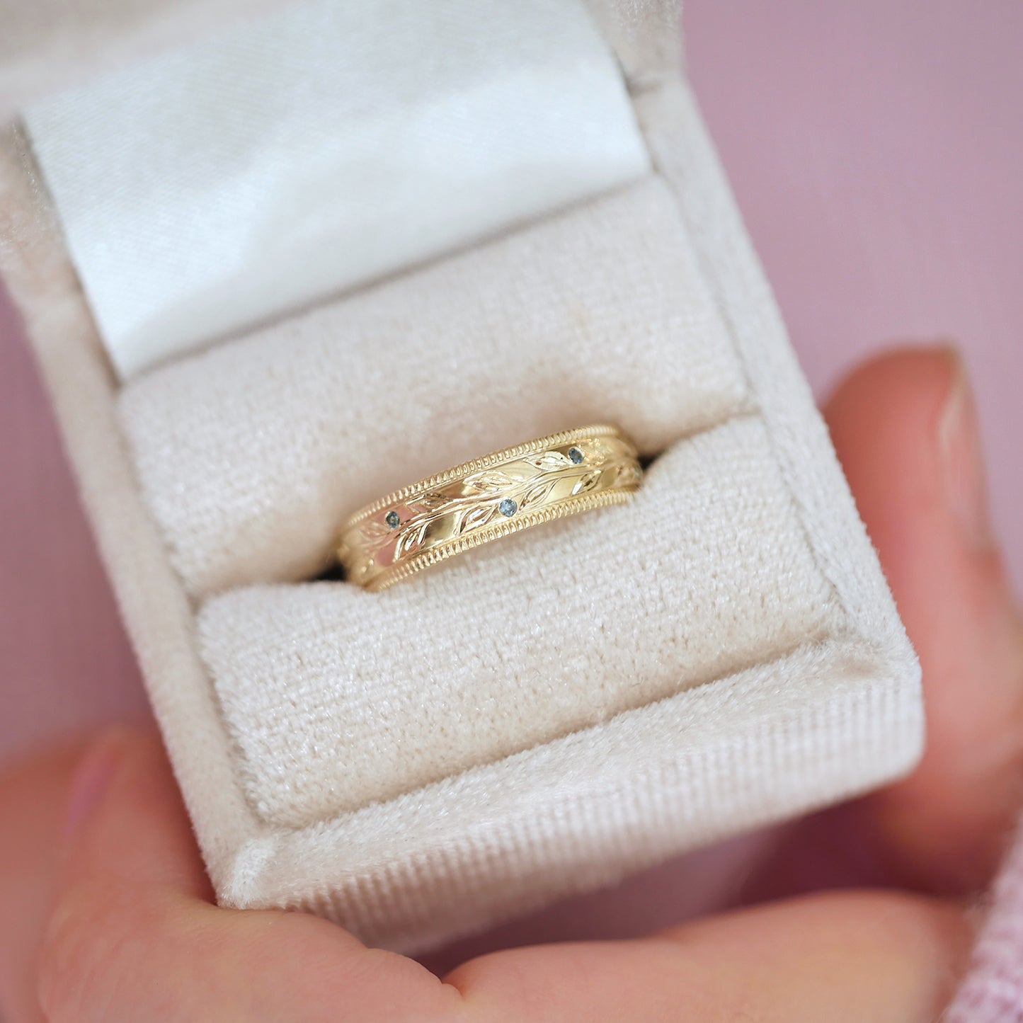 Custom Men's Olive Branch Wedding Ring with Green Sapphires