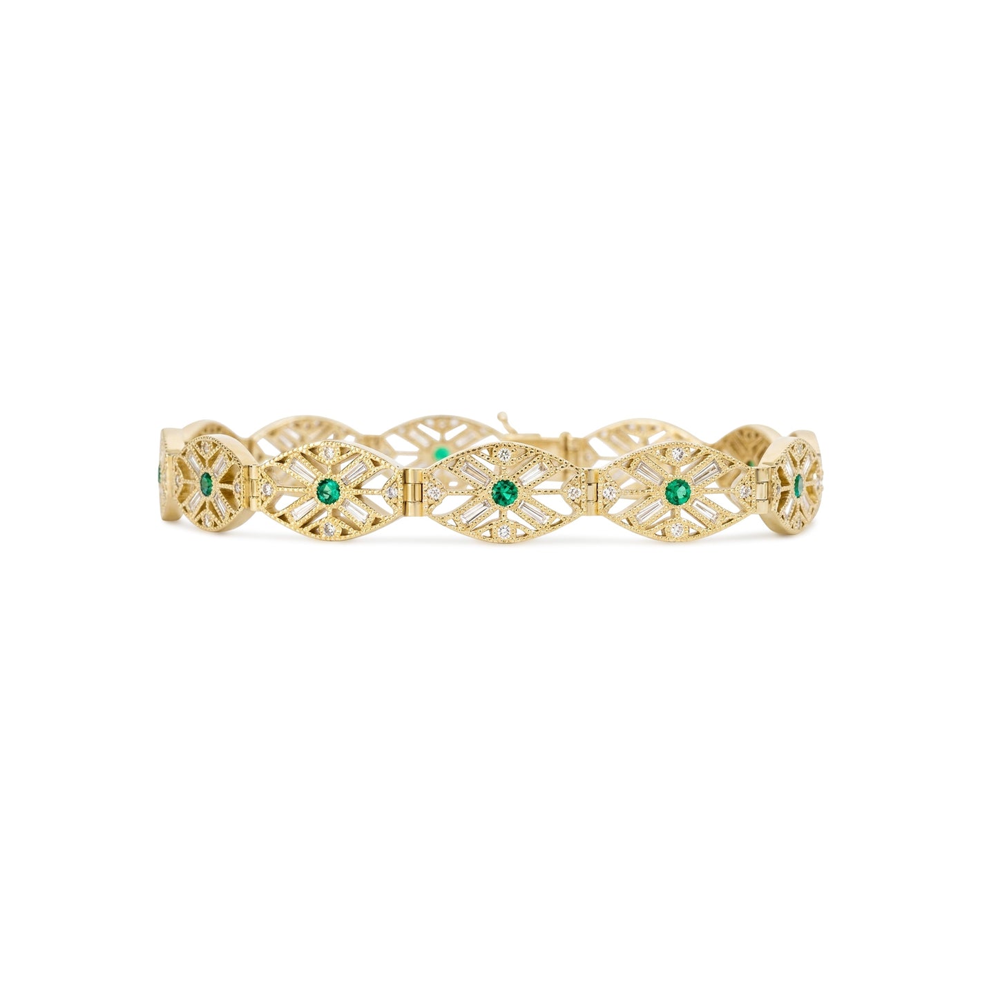 Custom Diamond and Emerald Art Deco Link Bracelet