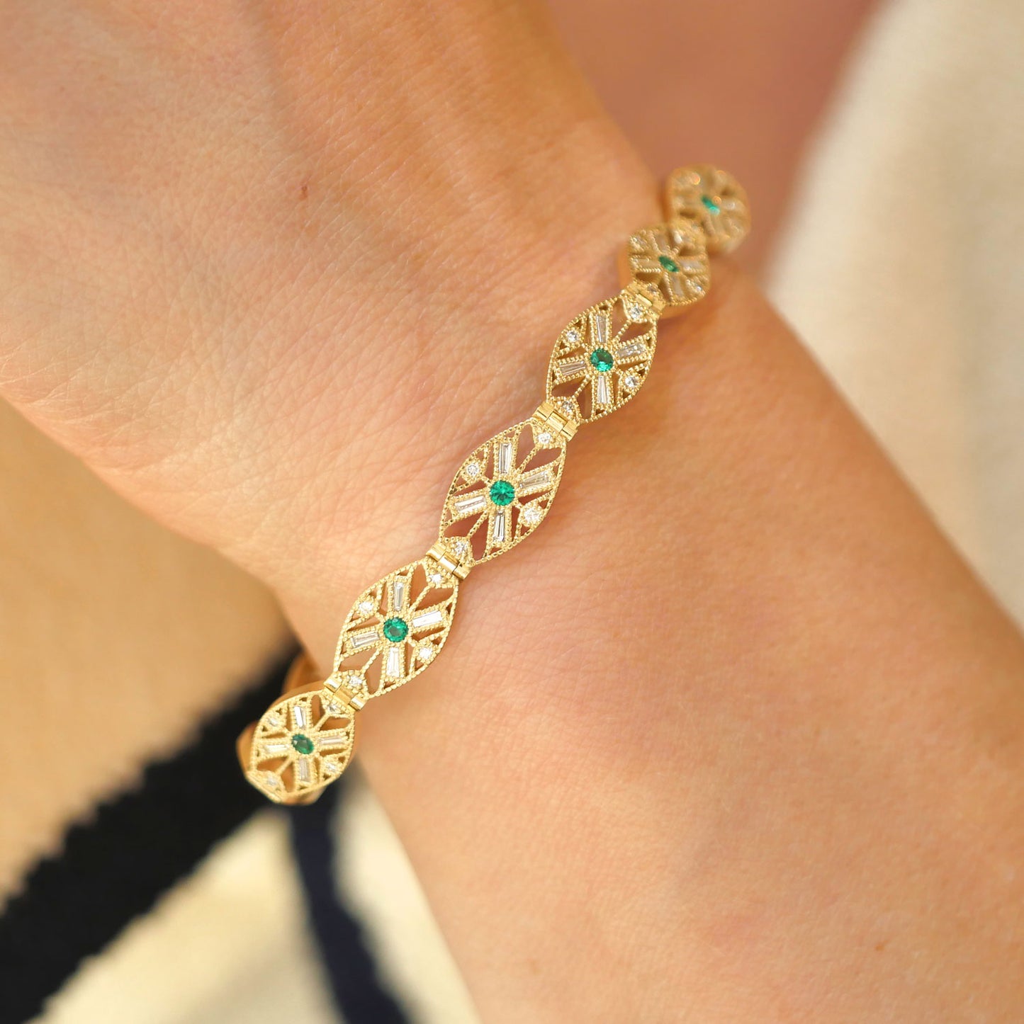 Custom Diamond and Emerald Art Deco Link Bracelet