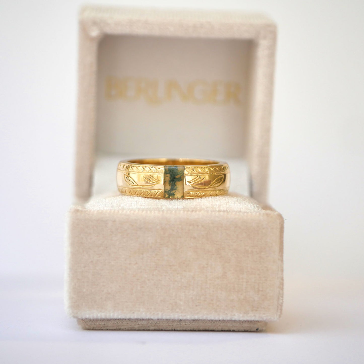 Custom Hand Engraved Mens Moss Agate Ring