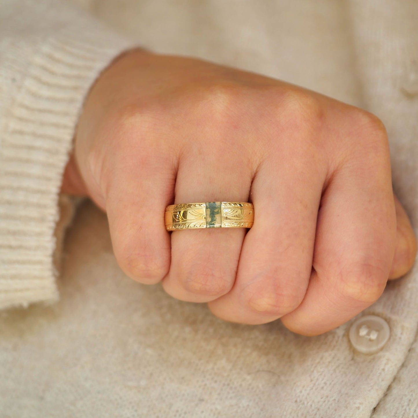 Custom Hand Engraved Mens Moss Agate Ring