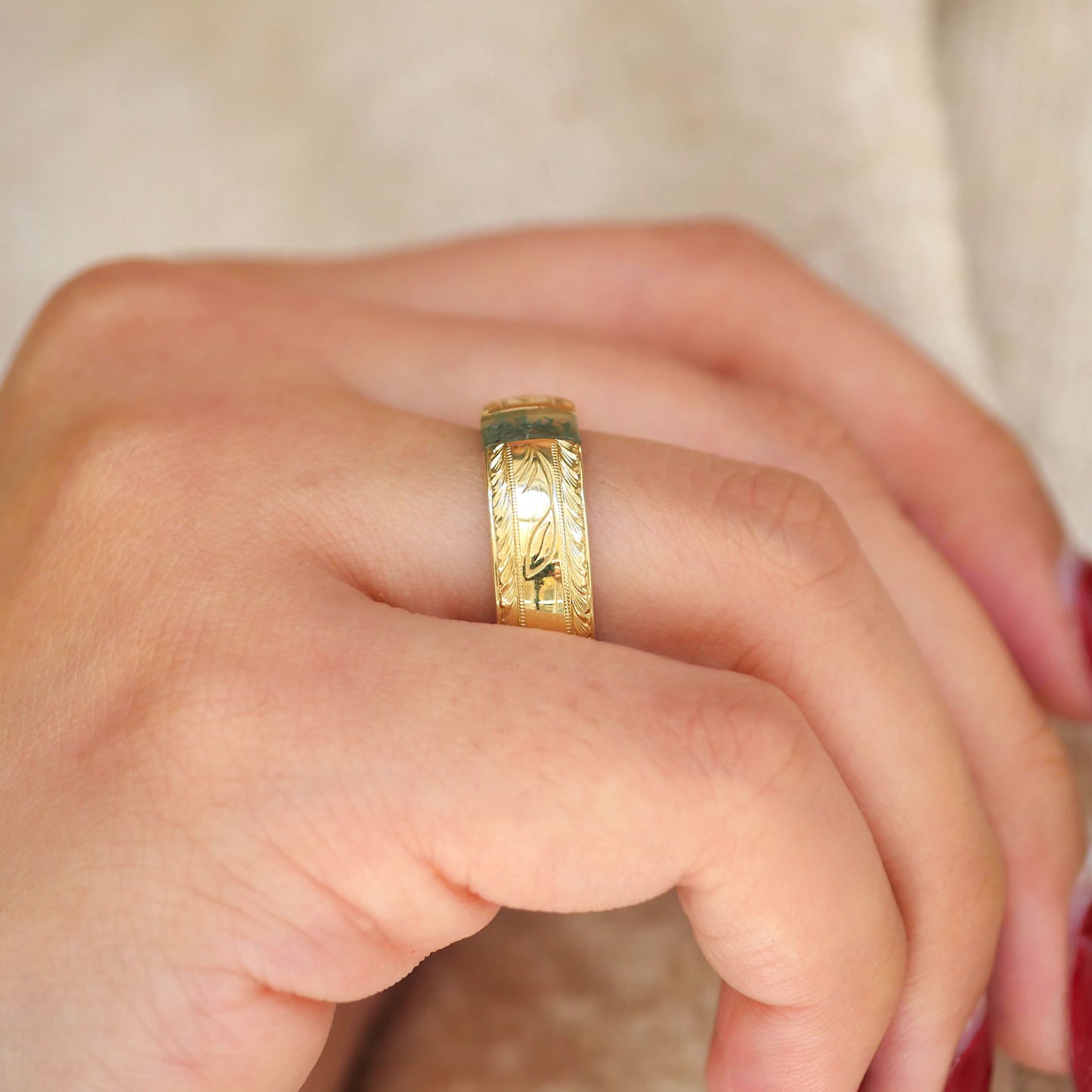 Custom Hand Engraved Mens Moss Agate Ring