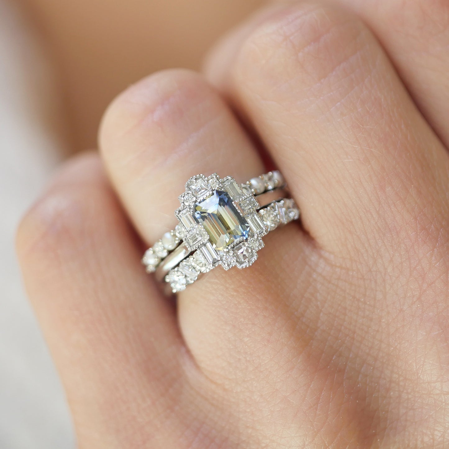 Bi-Color Sapphire Deco Emerald Cut Diamond Mosaic Ring