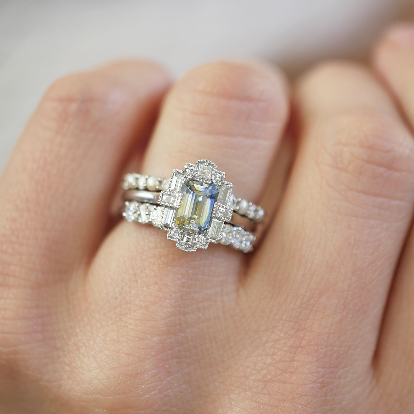 Bi-Color Sapphire Deco Emerald Cut Diamond Mosaic Ring