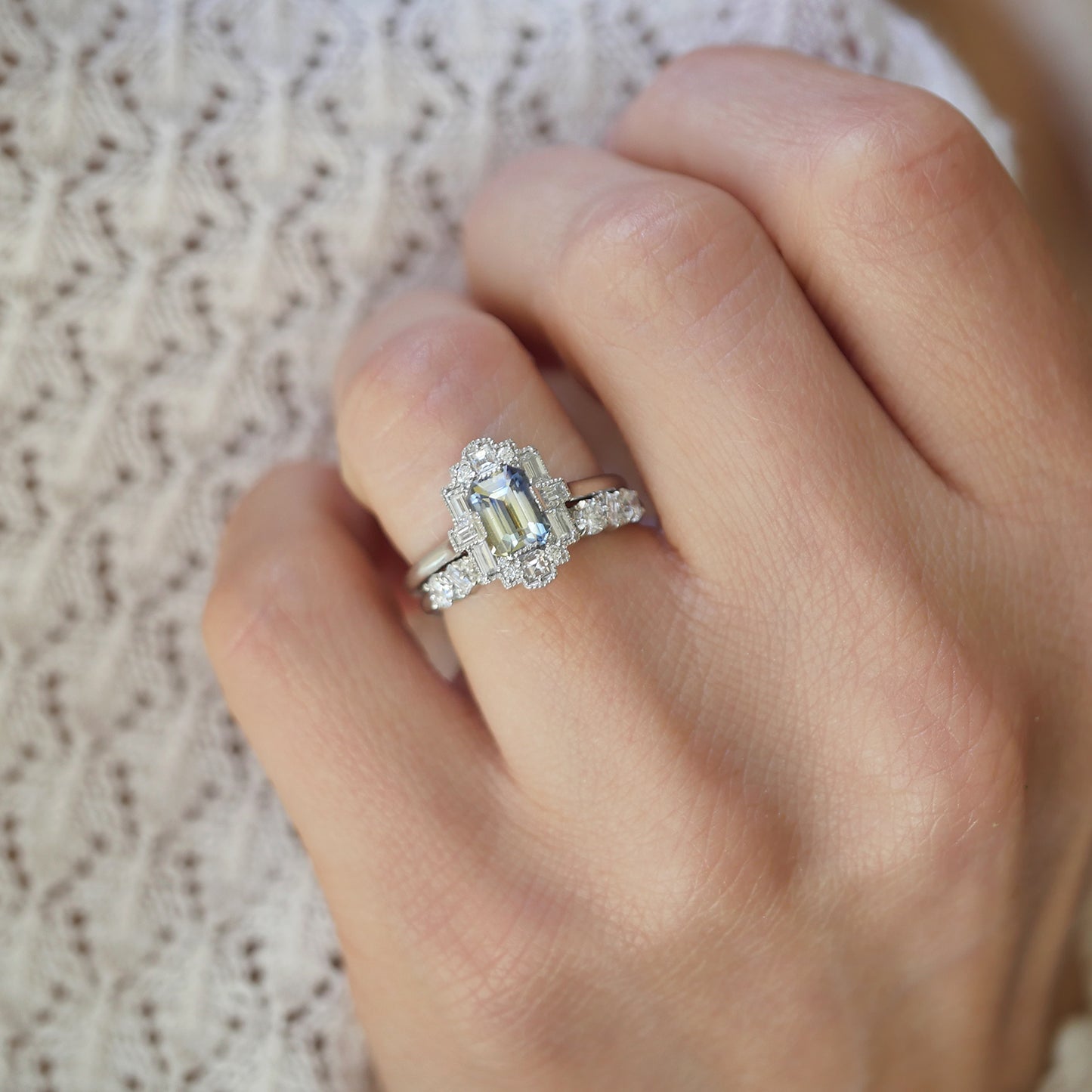 Bi-Color Sapphire Deco Emerald Cut Diamond Mosaic Ring