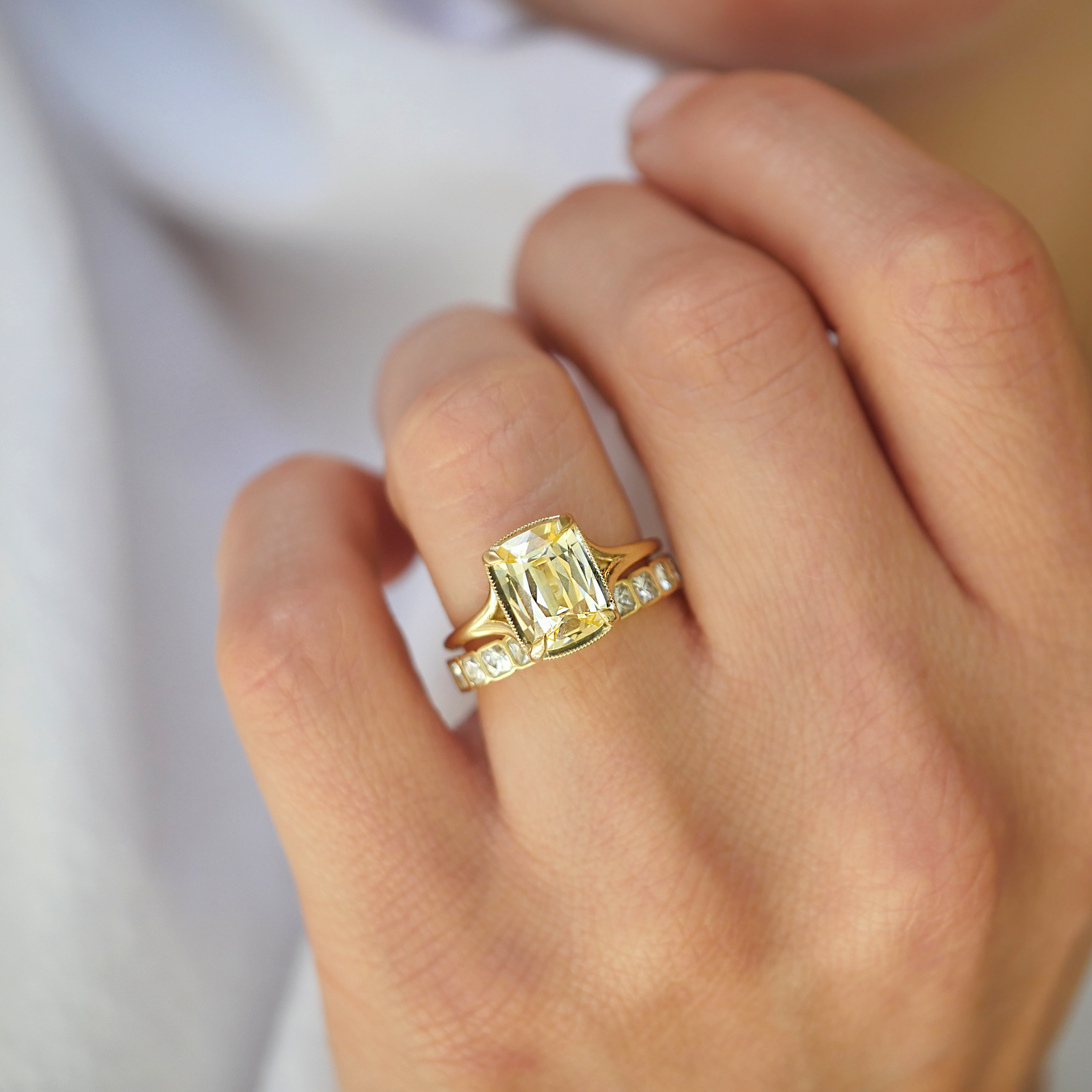 Yellow Elongated Antique Cushion Sapphire Split Shank Solitaire