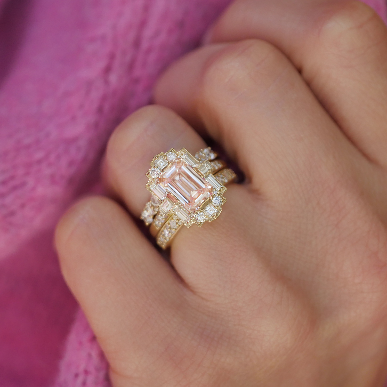 Deco Emerald Cut Pink Diamond Mosaic Ring