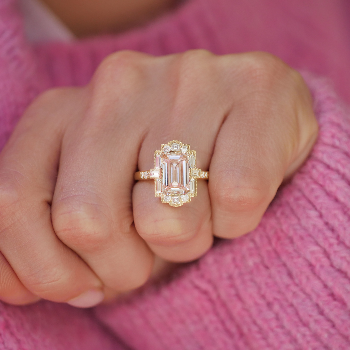 Deco Emerald Cut Pink Diamond Mosaic Ring
