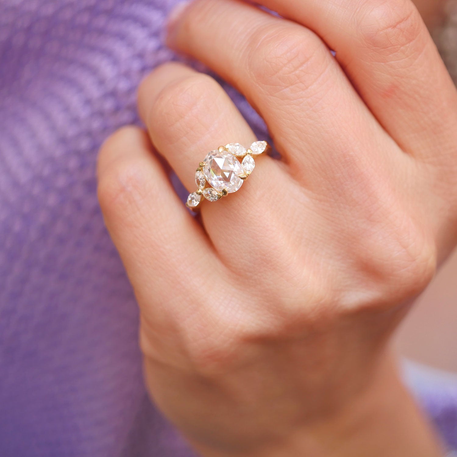 Oval Rose Cut Moissanite & Marquise Diamond Ring