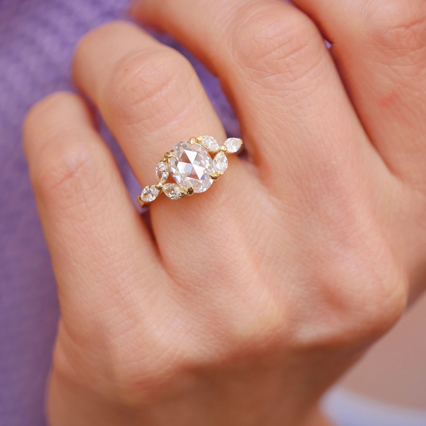 Oval Rose Cut Moissanite & Marquise Diamond Ring