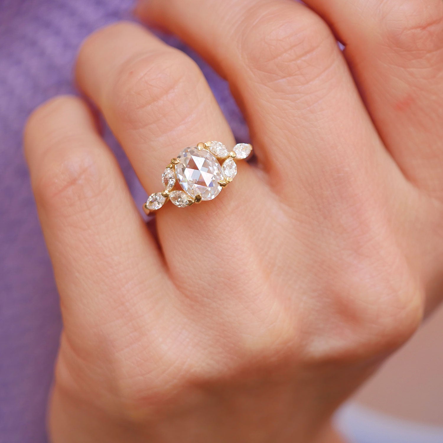 Oval Rose Cut Moissanite & Marquise Diamond Ring