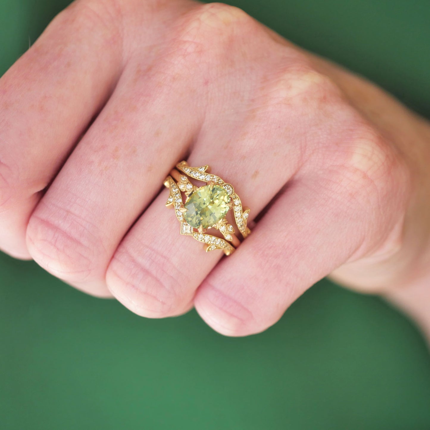 Oval Opalescent Green Sapphire Wild Vine Ring