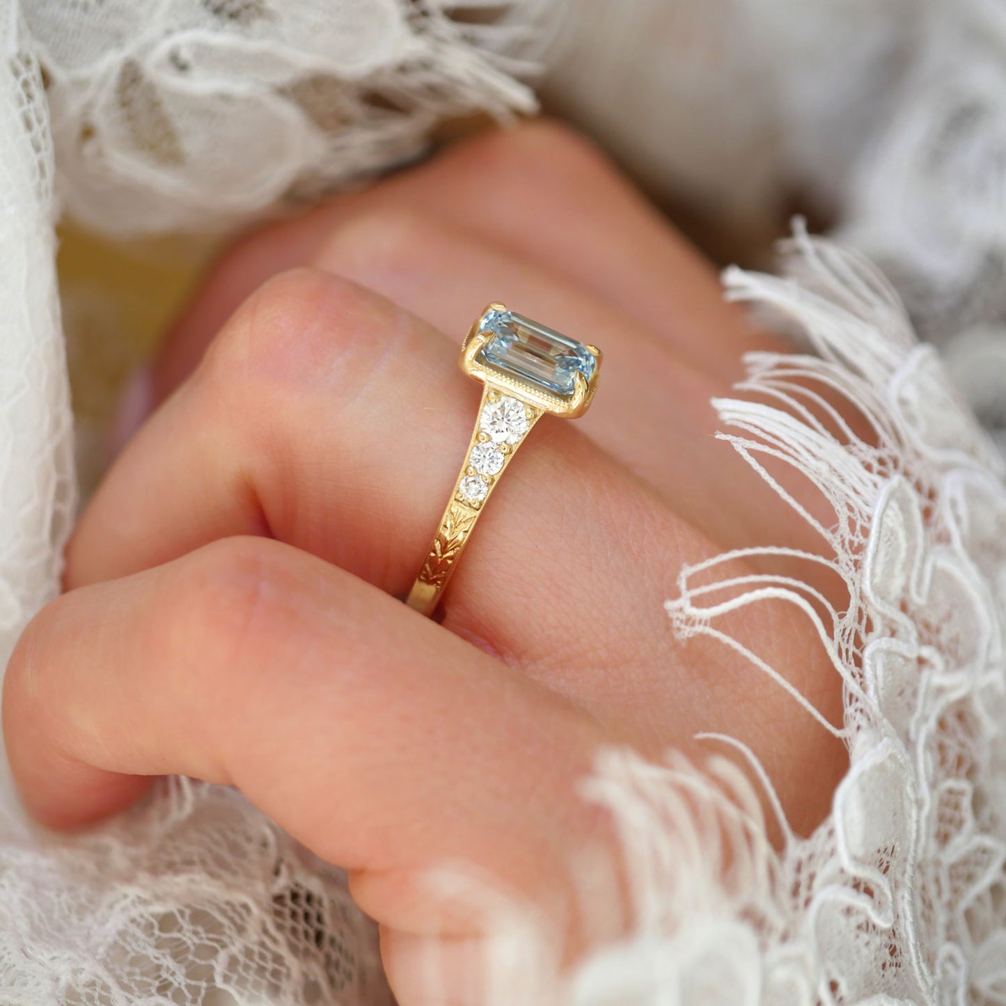 Emerald Cut Blue Diamond Astra Ring